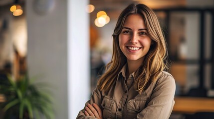 Young businesswoman portrait. Self confident young woman with crossed arms smiling at office. People - obrazy, fototapety, plakaty