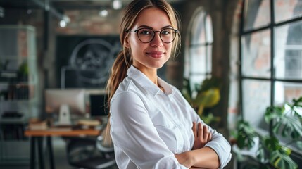 Young businesswoman portrait. Self confident young woman with crossed arms smiling at office. People