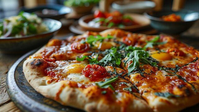 Fresh basil and cherry tomato pizza on a wooden board, artisan wood-fired Margherita pizza with charred tomatoes, fresh herbs and mozzarella cheese Gourmet Italian pizza, Generative AI