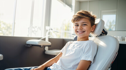 A smiling kid sitting in a dental chair at the dentist, teeth cleaning and examination concept, beautiful white teeth smile, young boy checkup - obrazy, fototapety, plakaty