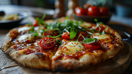 Fresh basil and cherry tomato pizza on a wooden board, artisan wood-fired Margherita pizza with charred tomatoes, fresh herbs and mozzarella cheese Gourmet Italian pizza, Generative AI
