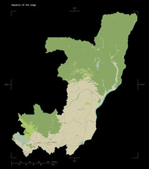 Republic of the Congo shape on black. Topographic Map