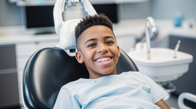 A smiling african american kid sitting in a dental chair at the dentist, teeth cleaning and examination concept, beautiful white teeth smile, young boy checkup