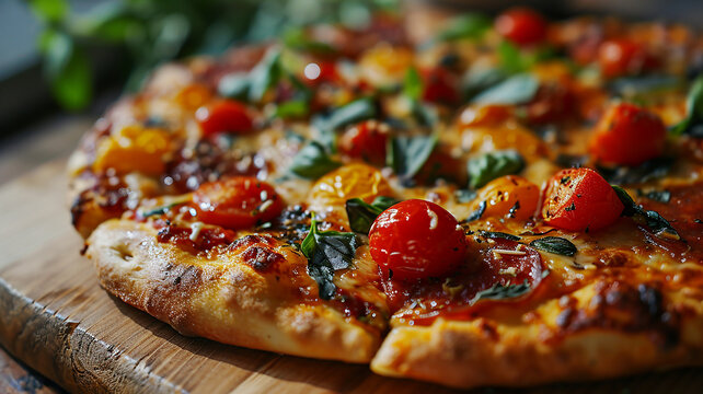Fresh basil and cherry tomato pizza on a wooden board, artisan wood-fired Margherita pizza with charred tomatoes, fresh herbs and mozzarella cheese Gourmet Italian pizza, Generative AI