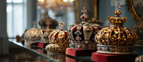 Fototapeta na wymiar Replica of Imperial Crowns used as props in Russian Matilda on display at Catherine Palace, St. Petersburg, Russia (2017).