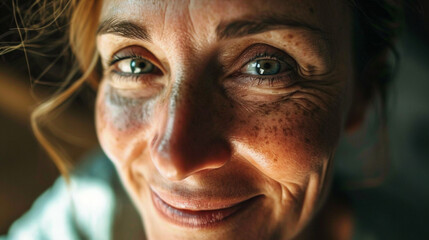 Close-up of middle-aged woman with radiant smile, AI Generated