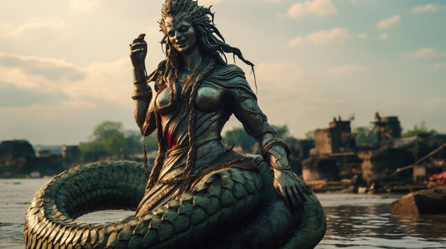 Mythical Reverie: Kaliya and Krishna by the Yamuna River