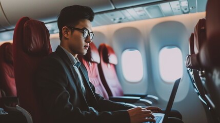 Young handsome businessman with notebook sitting inside an airplane. Young Thai businessman using a laptop work on the plane while on a business trip - obrazy, fototapety, plakaty
