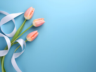 pink tulips with white ribbon on isolated pastel blue background with copyspace