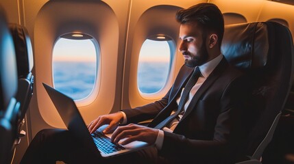 Young handsome businessman with notebook sitting inside an airplane. Young Thai businessman using a laptop work on the plane while on a business trip - Powered by Adobe