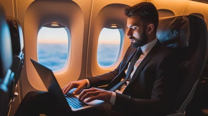 Papier Peint photo autocollant Avion Young handsome businessman with notebook sitting inside an airplane. Young Thai businessman using a laptop work on the plane while on a business trip