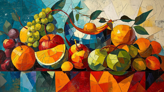 Fruit composition similar to cubist painting, AI Generated