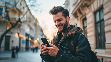 Young handsome man using smartphone in a city. Smiling student men texting on his mobile phone isolated portrait. Modern lifestyle, connection - obrazy, fototapety, plakaty