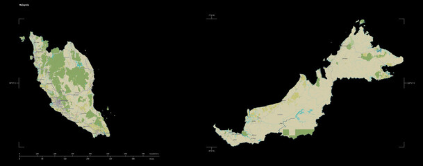 Obraz premium Malaysia shape on black. Topographic Map