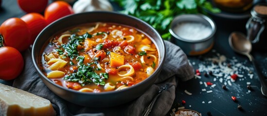 Italian pasta soup with vegetables on a dark table.