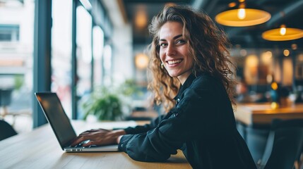 Young happy business woman company employee sitting at desk working on laptop. Smiling female professional entrepreneur worker using computer in corporate modern office looking at camera