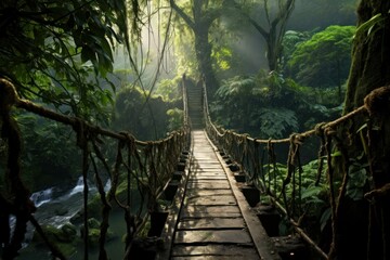 Rugged Jungle bridge forest. Park nature. Generate Ai