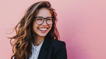 Young happy cheerful professional business woman, happy laughing female office worker wearing glasses looking away at copy space advertising job opportunities or good business services - obrazy, fototapety, plakaty