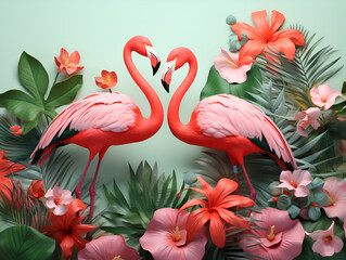 Two bright pink flamingos on a background of tropical leaves
