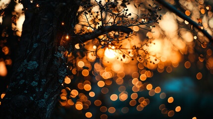 Silhouette of tree against backdrop of warm bokeh lights, AI Generated