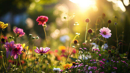 Summertime garden featuring bright flowers with soft bokeh background, AI Generated