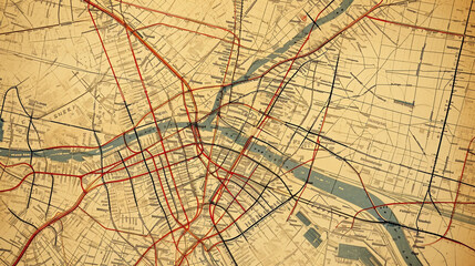 Vintage map of city with bright lines marking subway connections, AI Generated