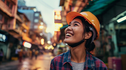 Woman wearing hard hat, Her triumphant smile after successful day at construction site, AI Generated - obrazy, fototapety, plakaty