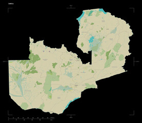Zambia shape on black. Topographic Map