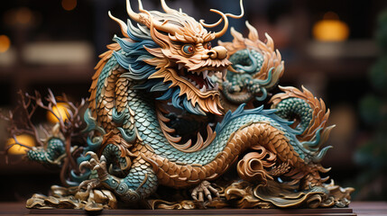 Fototapeta premium Golden Festivities: Traditional Chinese Dragon Statue on a Glowing Bokeh Background, Symbolizing the 2024 New Year