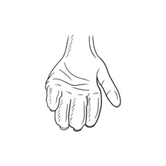 Realistic holding outstretched hand in black isolated on white background. Hand drawn vector sketch illustration in doodle vintage outline line art style. Poverty, help, support, charity.