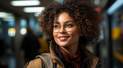 
Pretty African American girl smiling in a subway station. Young woman with glasses walking in the city. Happy college student in big city. Background with copy space. - obrazy, fototapety, plakaty