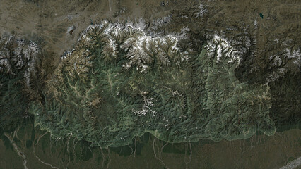 Bhutan highlighted. Low-res satellite map © zelwanka