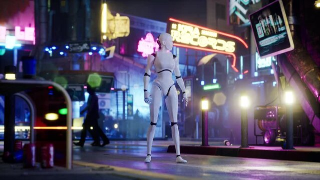 robot walking along a street in a big city. humanoid AI robot crossing street. 3d animation. future automation job.