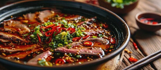Popular Sichuan hot pot with sweet garlic and beef slices. - obrazy, fototapety, plakaty