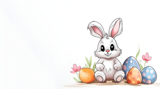 cute easter bunny painting easter eggs with a brush, cartoon hand drawn style appealing to children
