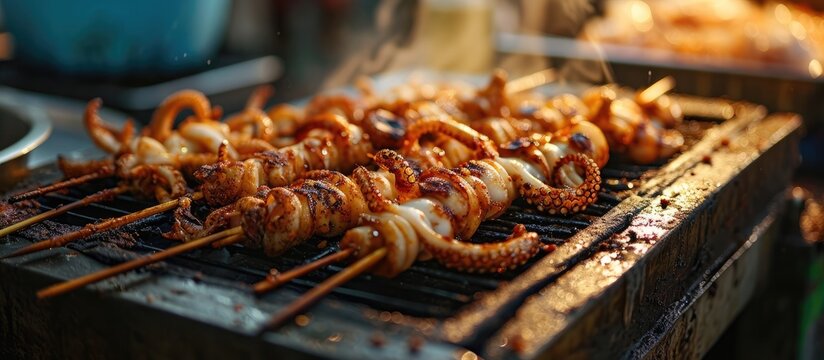 Thai street food: skewered squid cooked on stove.
