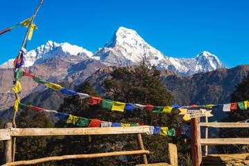 Annapurna peak and Prayer flag on poon hill in Himalayas, nepal - obrazy, fototapety, plakaty