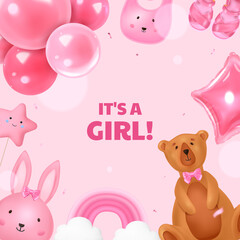 Realistic baby shower frame background for a girl with balloons and cute animals