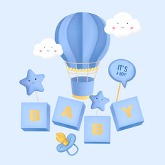 Realistic baby shower illustration for a boy with hot air balloon and baby toys
