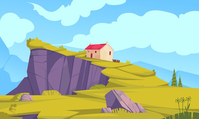Cartoon rural landscape with a rustic house and sunny sky