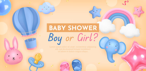 Realistic baby shower background template with baby toys and cute animals