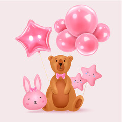 Realistic baby shower illustration for a girl with teddy bear with balloons