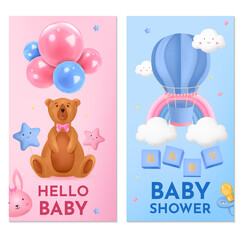Realistic baby shower vertical banner template collection for boys and girls with baby toys