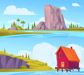 Cartoon natural landscape horizontal banner template collection with a lake and cottage