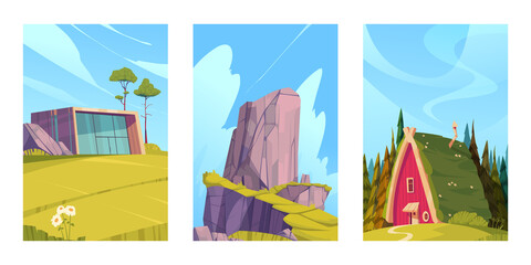 Cartoon rural landscape with house and sunny sky cards collection
