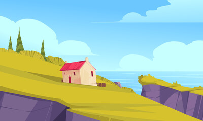 Cartoon rural landscape with a rustic house and sunny sky