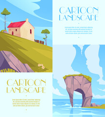 Cartoon natural landscape vertical banner template collection with a rural house and coast