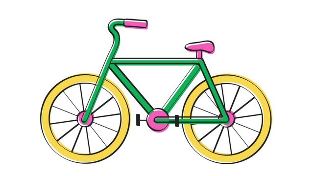 Spirited Journey Running Bicycle Animation in Lively Yellow, Pink, and Green on a Clean White Background