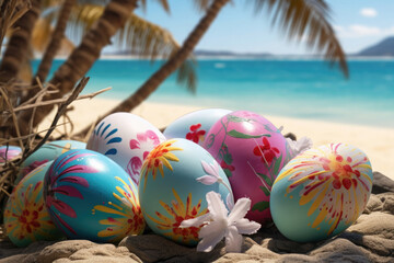 Easter eggs in floral painting lie on the sand under a palm tree on the beach against the background of the sea, close-up