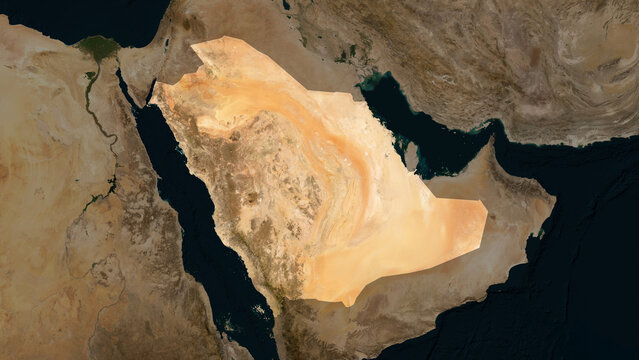 Saudi Arabia highlighted. Low-res satellite map